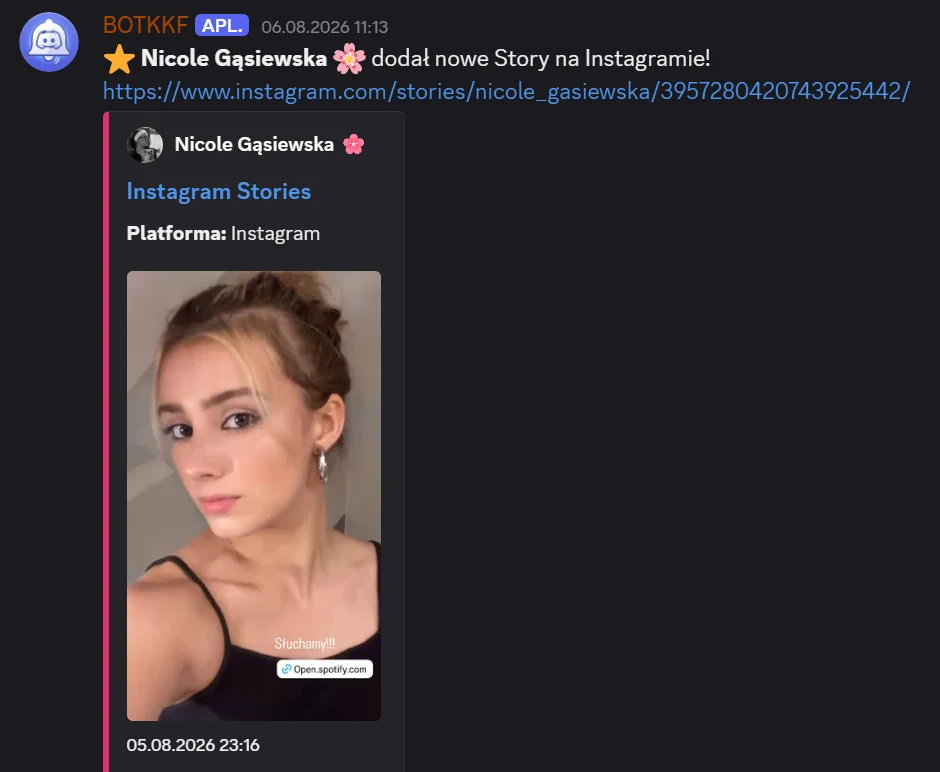 Powiadomienie BOTKKF o nowej relacji na Instagramie twórczyni Future Spark
