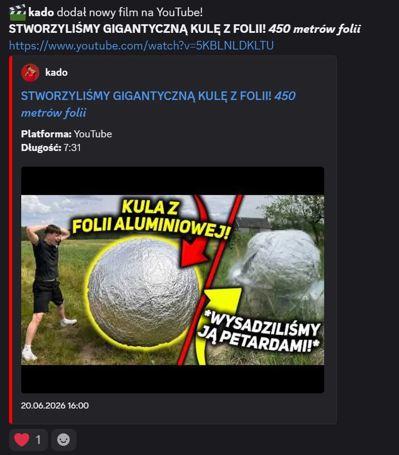 Powiadomienie BOTKKF o nowym filmie na YouTubie z tytułem, długością i miniaturą