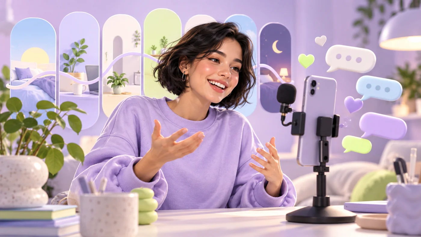 Ilustracja twórczyni prowadzącej LIVE z telefonem i mikrofonem