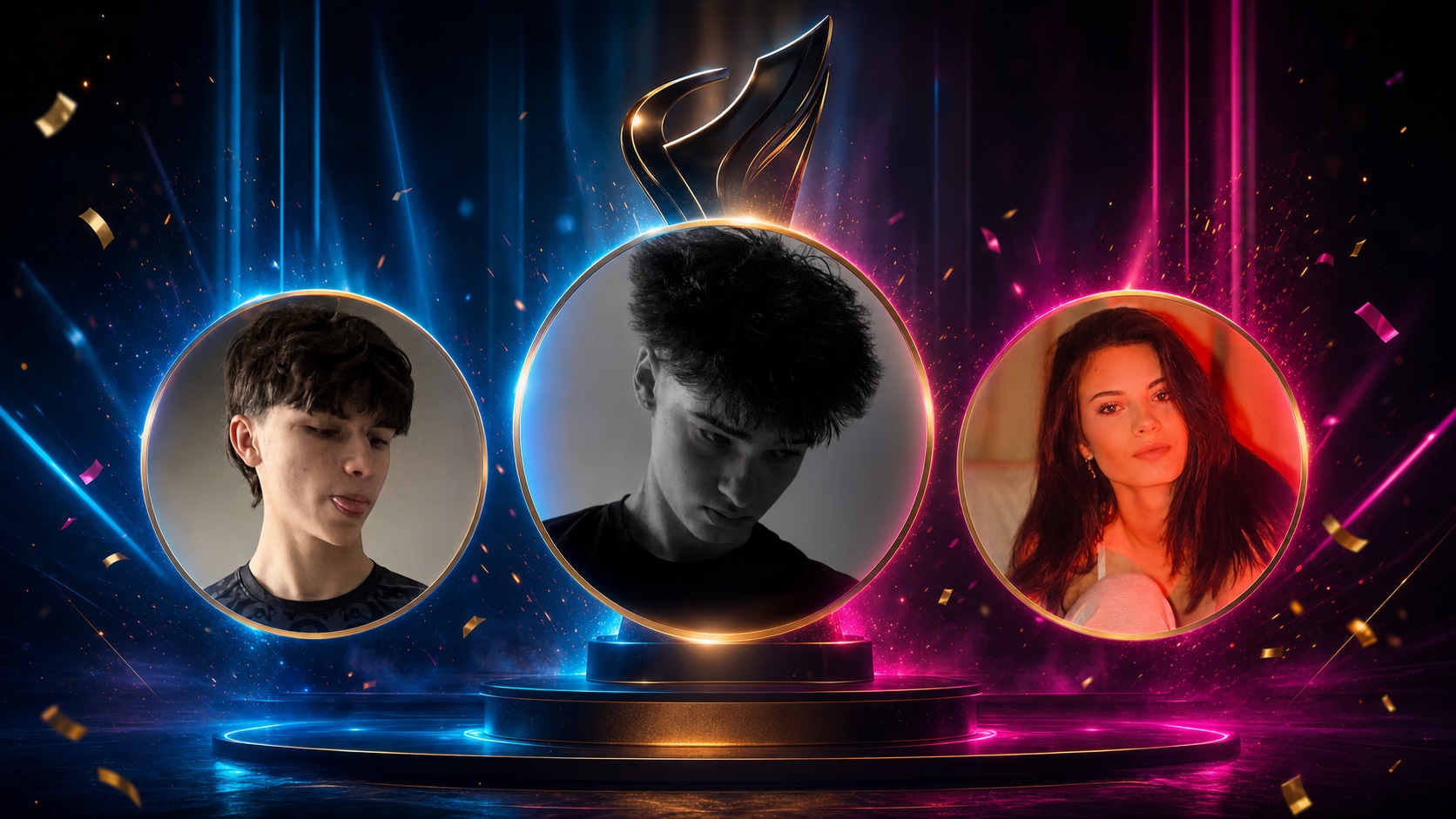 Neonowa scena Future Spark z kolażem zwycięzców sierpniowych akcji LIVE